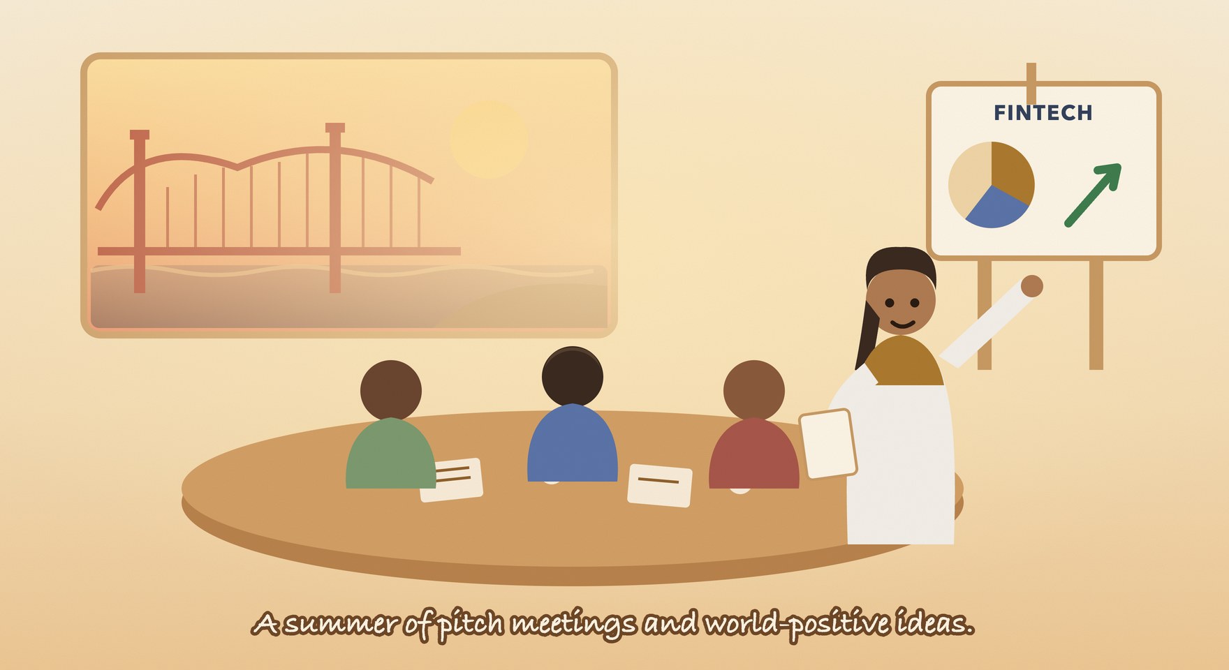 Illustration: presenting a FinTech chart to an investment team, with the Golden Gate Bridge through the window