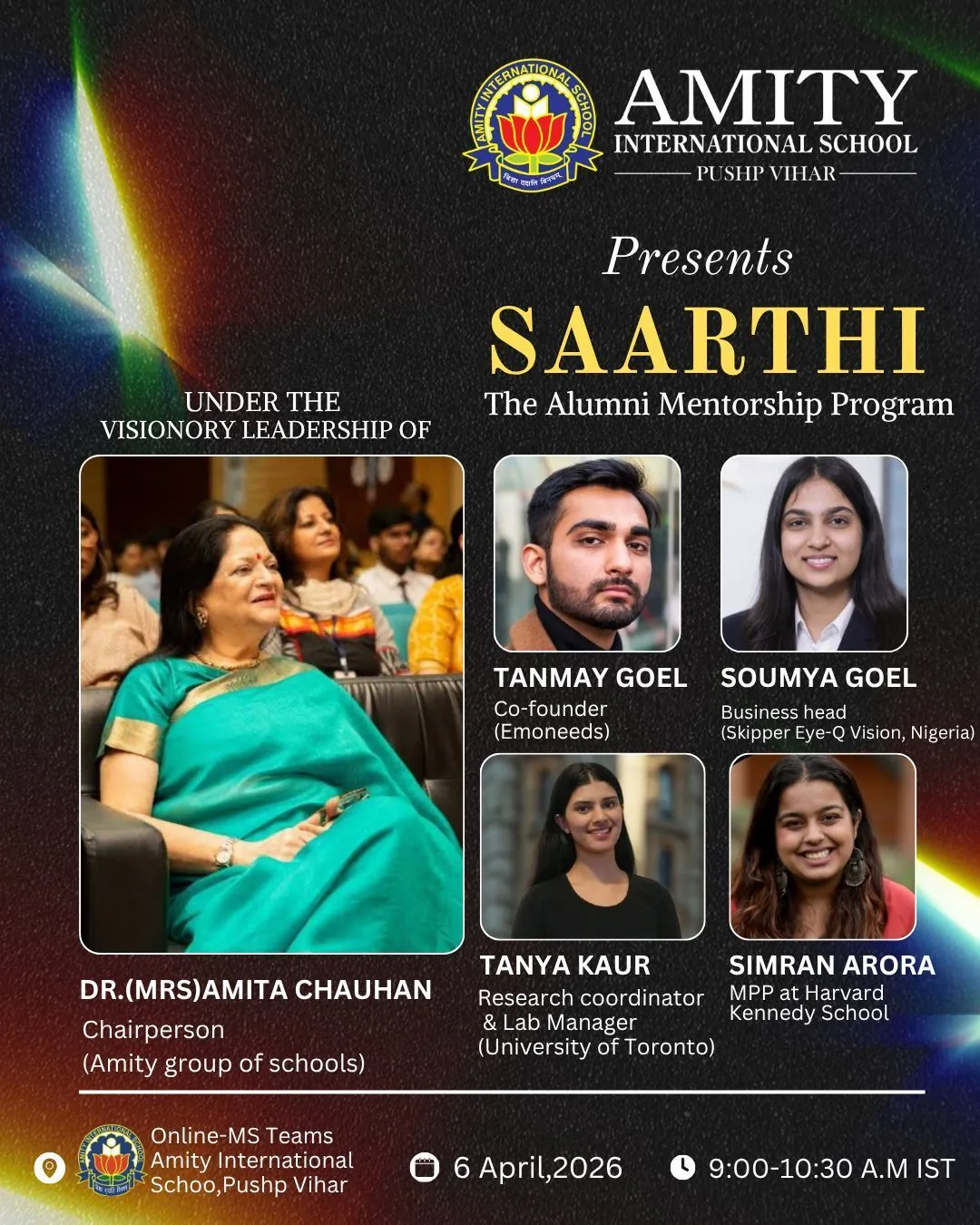 Poster for SAARTHI, the alumni mentorship program at Amity International School